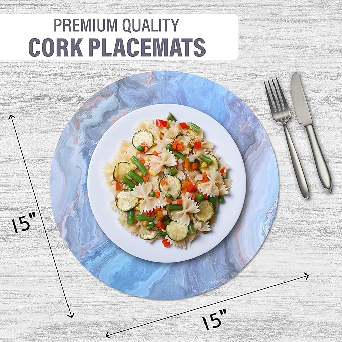 Dainty Home Navy Marble Round Cork Placemats - Heat Resistant Placemats, Non-Slip, Easy Clean Placemats for Elegant Dining - 15"x15" Set of 2 - Perfect for Stylish, Modern Homes