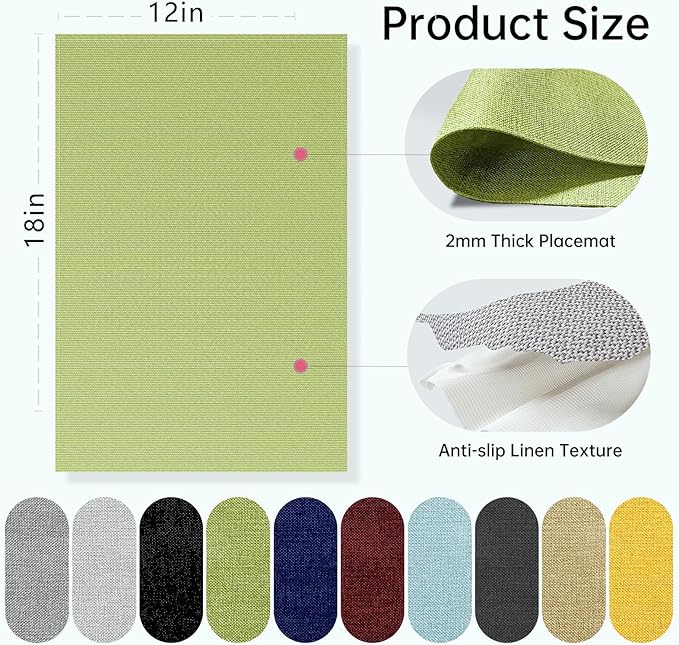 Blue Forest Placemats Set of 4, Dual-Layered Thickened Faux Linen Table Mats Heat Resistant Machine Washable Wrinkle Free Place Mats for Kitchen Dining Outdoor/Indoor (Grass Green)
