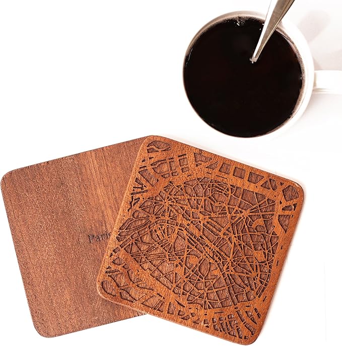 Paris Map Coaster by O3 Design Studio, Set Of 4, Sapele Wooden Coaster With City Map, Handmade