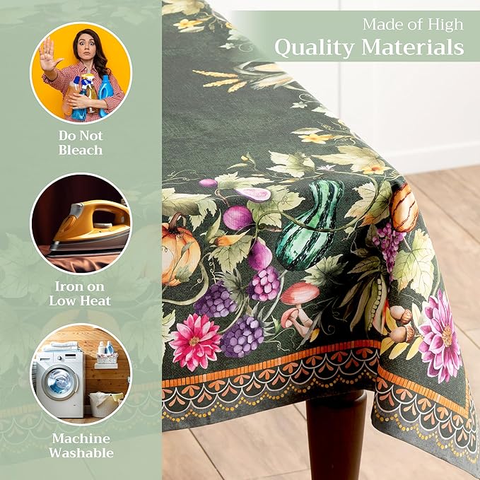 Maison d' Hermine Table Cloth Square Table 100% Cotton 60 x 60 Inches Fall Tablecloth Reusable Everyday Use for Thanksgiving Christmas Decorations Dining Farmhouse Party (Pumpkin Garden - Dark Green)