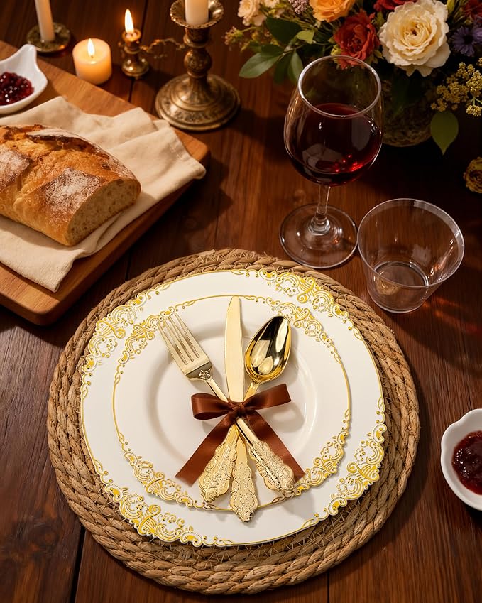 Nervure 100Pcs Ivory Plastic Plates - 7.5inch Ivory and Gold Disposable Plates - Heavyweight Plastic Plate - Dessert Plate for Wedding & Party