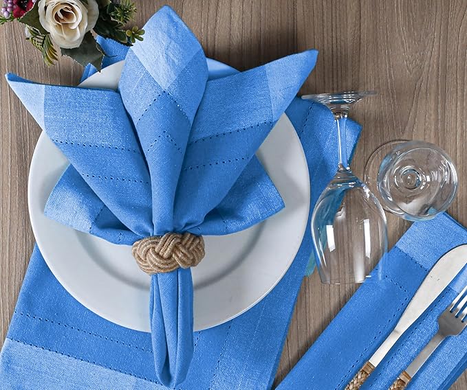 Bedding Craft Cotton Cloth Dinner Napkins Set of 12 – 20x20 Teal Blue Multi Double Hemstitched – Machine Washable Wedding & Party Fabric Table Napkins