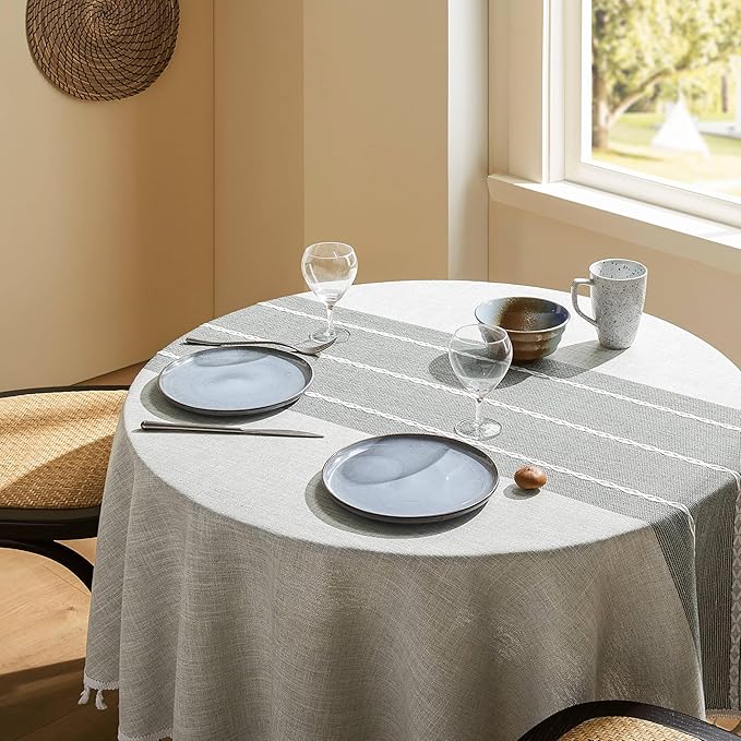ZeeMart Contrast Linen Round Tablecloth 60 Inch Grey, Farmhouse Style Round Table Cloth Heavy Weight Grey Tablecloths, Water Resistant Burlap Table Cloths