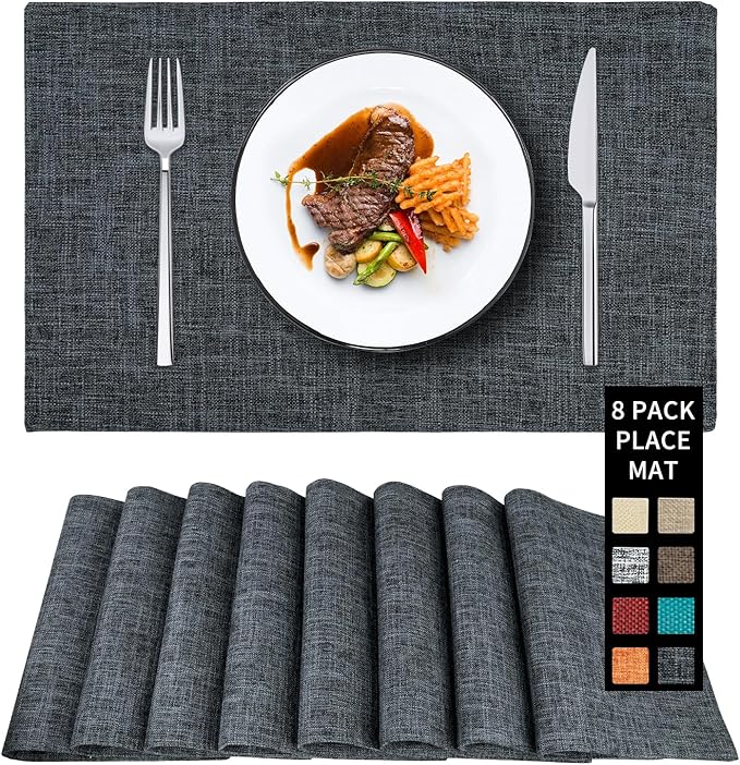 Cloth Placemats Set of 8, Linen Type Fabric Placemats Black Table Mat Set of 8, Machine Washable Rustic Place Mats Heat Resistant Placemats Thick Polyester Kitchen Place Mats for Dining Table