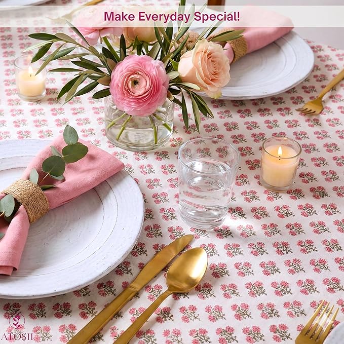 ATOSII Gulbahar White Pink 100% Cotton Fall Rectangle Tablecloth, Handblock Print Floral Table Cloth for Kitchen Dining Linen I Thanksgiving Christmas Weddings Outdoors I 72 X 108 Inches I 8 Seater