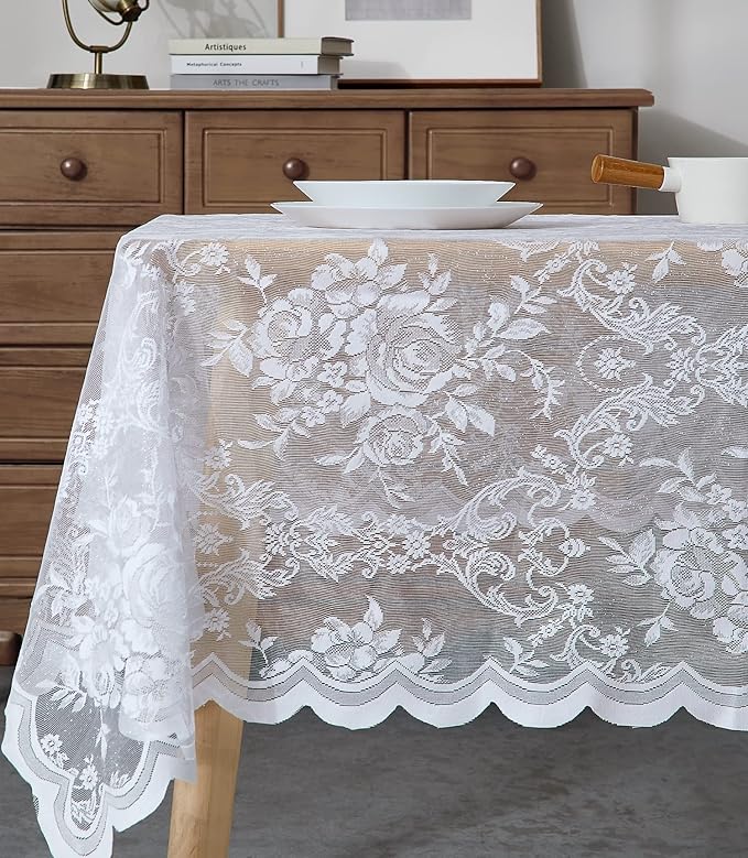 Warm Home Designs 60 x 60 Square Tablecloth with English Rose Design. Use Lace Square Table Cloth as Lace Tablecloth for Card Table or Small Dining Table. White Tablecloth for 4 Guests. LTC White 60"