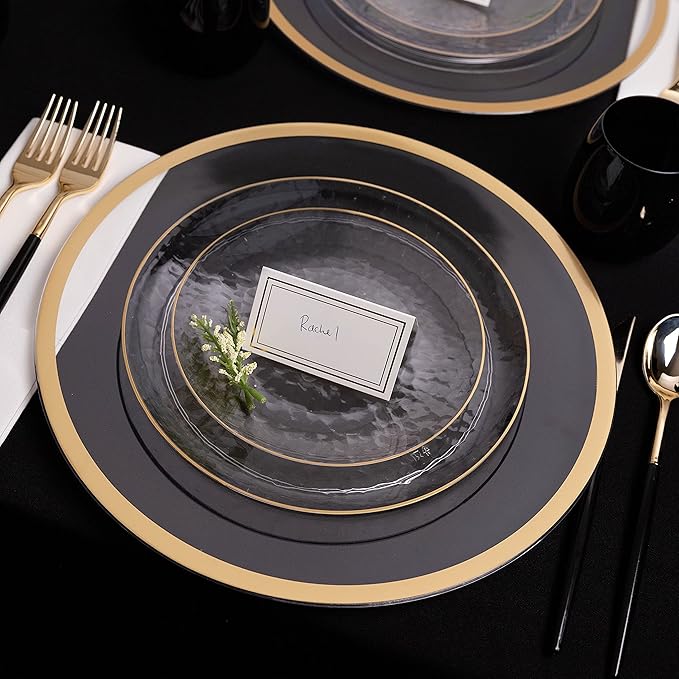PLASTICPRO 32 Piece Combo Plates Set includes 16-7'' inch Plates & 16-9'' inch Plate Clear Plastic Organic Hammered Design Party Dishes Gold Rim, Elegant, Tableware, Dishes,