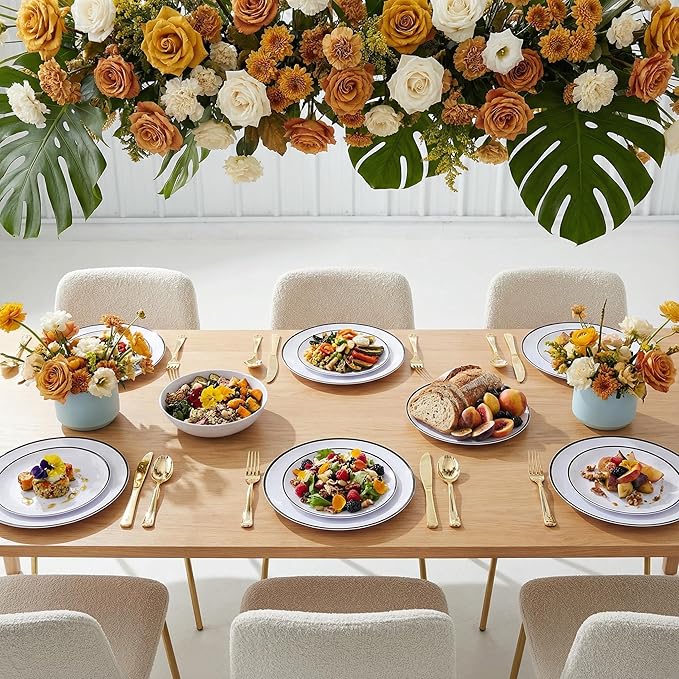 EI 100pcs White and Black Disposable Plates for Party,White Plastic Dinner Plates with Black Rim Disposable,Plastic Dessert Plate for Wedding,Family Party,Afternoon Tea Business New Year