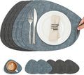 Placemats and Coasters, Washable Reversible Placemats Round Faux Leather Wipeable Place Mats Non Slip Heat Resistant Indoor Outdoor Table Mats (Set of 6, Gray Light Blue)