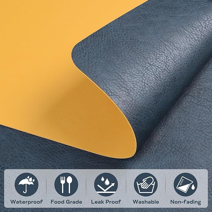 AAPLKER Faux Leather Placemats Set of 6, Vinyl Placemats Wipeable Waterproof Oil-Proof Table Mats, Heat Resistant Place Mats for Kitchen Indoor Outdoor, 16.9 x 11.8 inches (Blue/Yellow)