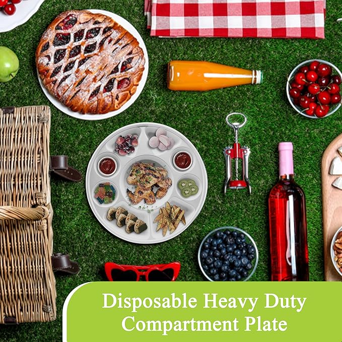 three leaf 9 Compartment Bagasse Round Plate, 25 Ct. Heavy-Duty- Super Strong- Natural- Eco-Friendly Disposable Bagasse Plates, 100% Biodegradable