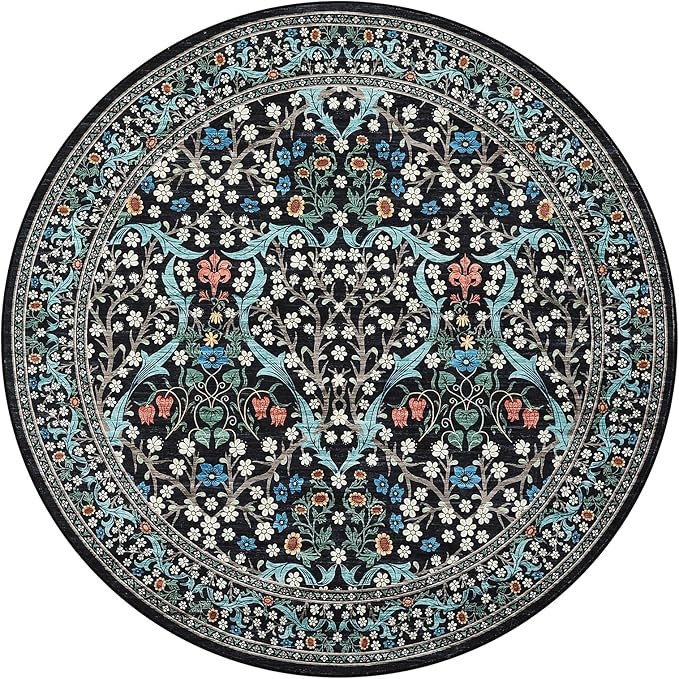 GarveeHome Black Floral 6 ft Round Rug Washable Non-Slip Soft Low Pile Circle Carpet Vintage Rugs for Kitchen Bedroom Nursery Dining Living Room