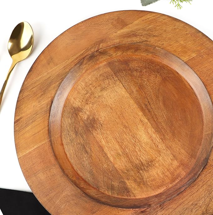 Alpha Living Home Wood Charger Plate Set of 2 - Round Serving Platters Rustic Chargers for Home Décor Charcuterie Appetizer & Dining - Hardwood Platter Handcrafted Versatile Durable 13 inch (Brown)