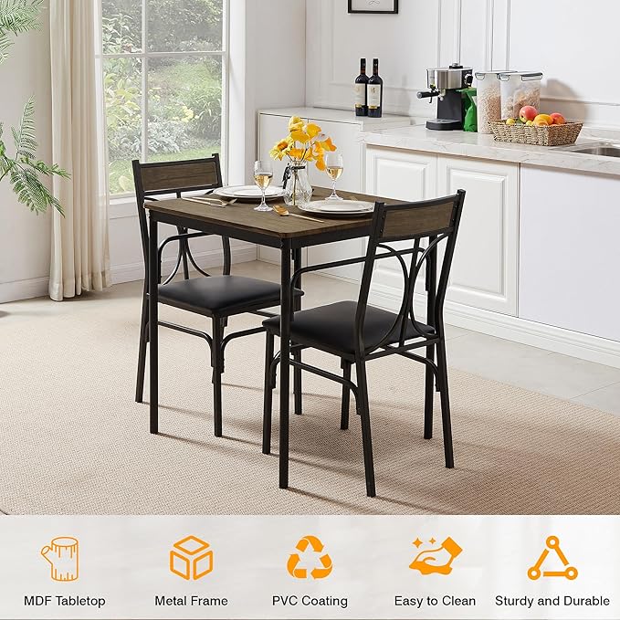 VECELO 3 Piece Dining Table Set for 2, Kitchen Table Set with 2 Chairs for Small Space, Space-Saving and Modern Design, Apartment, Easy to Assemble,Classic Brown