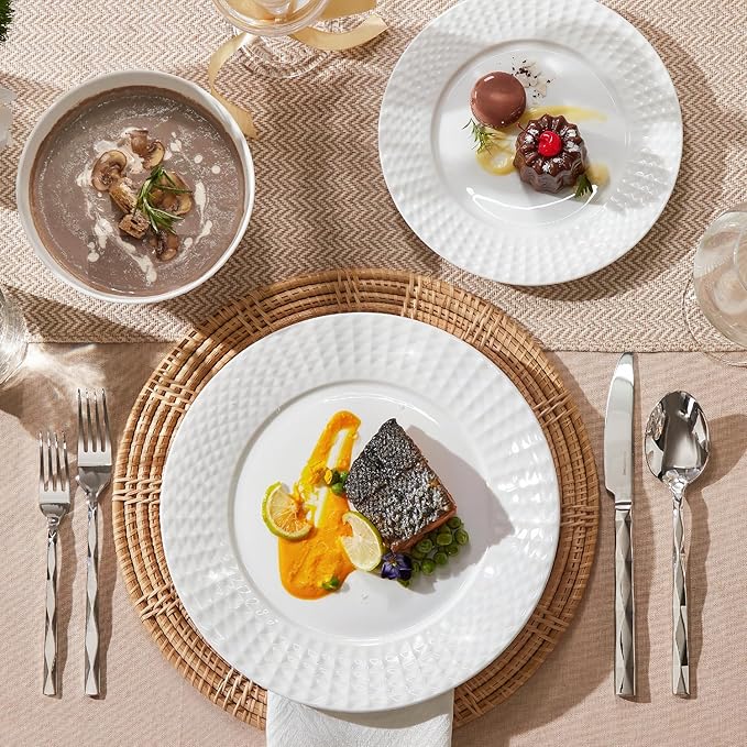 KINGSTONE 24-piece Bone China Dinnerware Set and 40-piece silverware, White Lightweight Porcelain for 8, Plates, Bowls with matching flatware, Microwave and Dishwasher Safe, for Family, Gifting