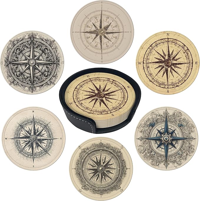 Compass Coasters Leather Round Drink Coasters 6 Pcs Set with Holderor for Cup Drink Coffee Table Bar Home Decor