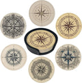 Compass Coasters Leather Round Drink Coasters 6 Pcs Set with Holderor for Cup Drink Coffee Table Bar Home Decor