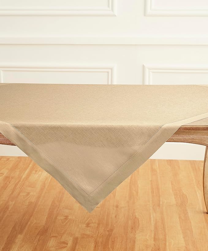 Solino Home Linen Square Tablecloth 52 x 52 Inch - 100% Pure Linen Beige Table Throw - Classic Hemstitch, Machine Washable Table Cloth for Spring, Easter