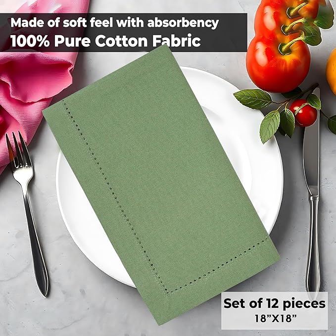 Urban Villa Cloth Napkins Hemstitch Dinner Napkins Set of 12 20X20 100% Cotton Absorbent Washable Durable Reusable Cloth Napkins for Farmhouse Party Hotel Lunch Restaurant Everyday Use - Sage