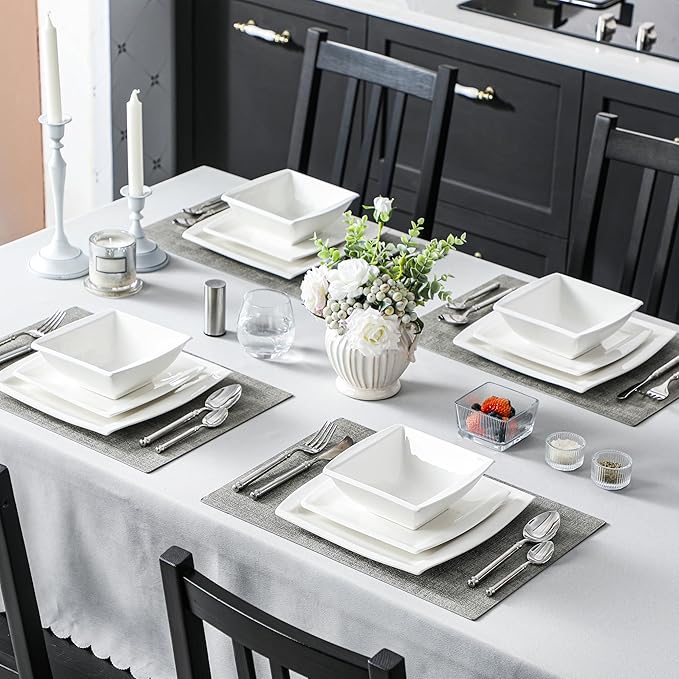 MALACASA Plates and Bowls Sets, Square Dinnerware Sets for 6 (30pcs), Series Blance