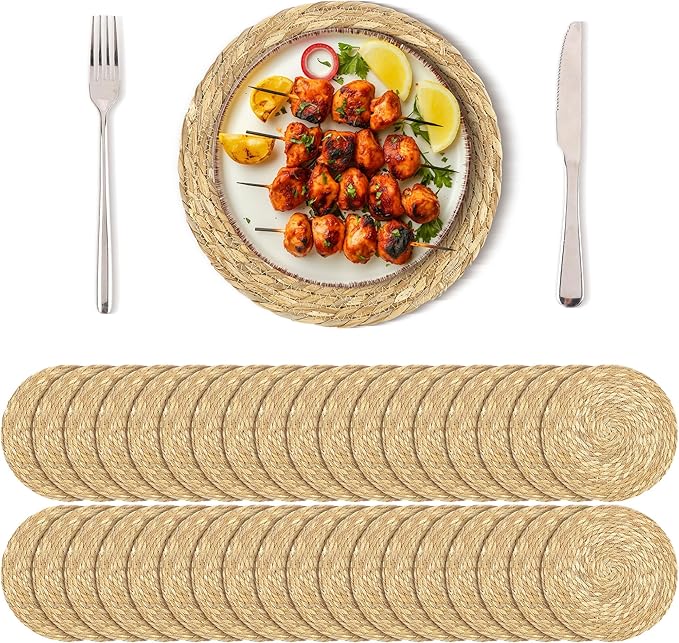 Kochorie Set of 36 Round Woven Placemats 12 Inch Bulrush Placemats Natural Handwoven Boho Rattan Wicker Table Mats for Farmhouse & Home Dining