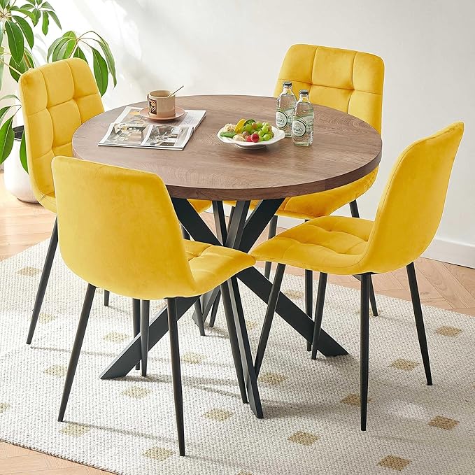 5 Pieces Dining Table Set for 4, 37" Round Kitchen Table Set, Thick MDF Tabletop with 4 Yellow Velvet Dining Chair, Mordern Dining Room Set for Coffee, Living Room
