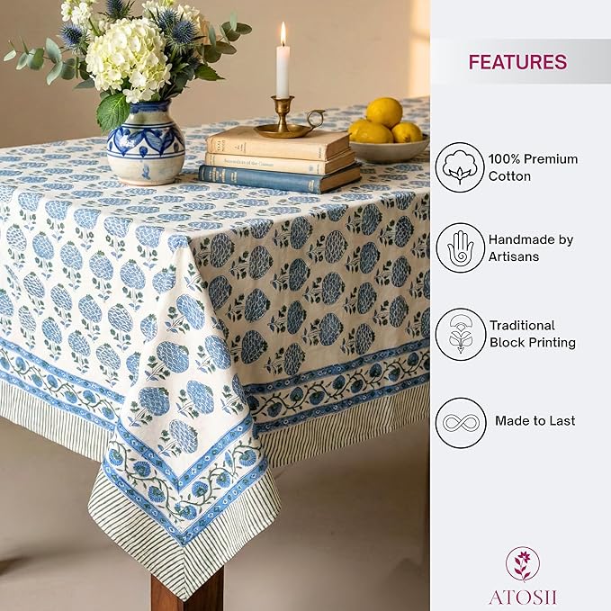 ATOSII Roma Blue 100% Cotton Rectangle Fall Tablecloth, Handblock Floral Print Linen Table Cloth for Kitchen Dining I Parties Outdoors Weddings Holidays I 72 X 140 Inches I 12 Seater