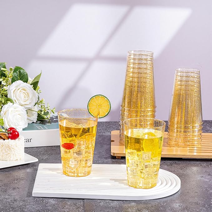 I00000 100 Pack 20 oz Gold Plastic Cups, Gold Glitter Cups Disposable Plastic Wine Glasses Cocktail Glasses Premium Cup, 20 Ounce Glitter Disposable Tumblers for Party & Wedding