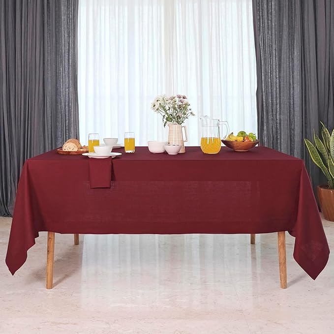 D'Moksha Homes Linen Tablecloth for Rectangle Tables 60 x 144 Inch - 100% Pure Linen Dark Red Table Cloth - Machine Washable Cloth Tablecloth for Valentines, Spring