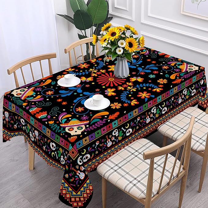 Mexican Tablecloth Rectangle 60 x 84 Inch, Cinco De Mayo Flower Skull Table Cloth Fiesta Indoor Decorations for Dining Room Party