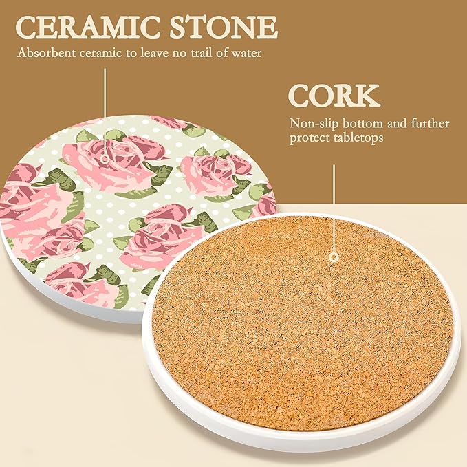 Drink Coasters,6 Pcs Shabby Chic Flower Coffee Cup Mat with Storage Holder, Durable Ceramic Coaster Set for Hot & Cold Beverages