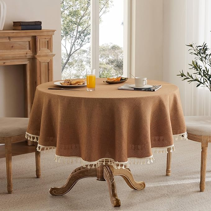 Linen Tablecloth with Tassels, Farmhouse Style Brown Tablecloth, Water Resistant Burlap Tablecloths for Round Table, 60 Inch Round Caramel