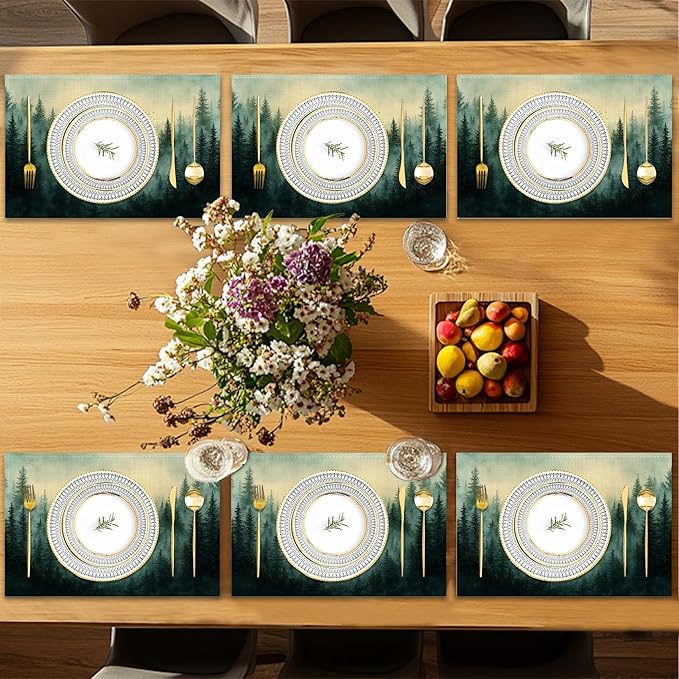Placemats Set of 6,Misty Mountain Table Mats,Abstract Forest Washable Linen Table Mats,Non-Slip Heat Resistant Placemats for Party Kitchen Dining Indoor Outdoor 12"x18"