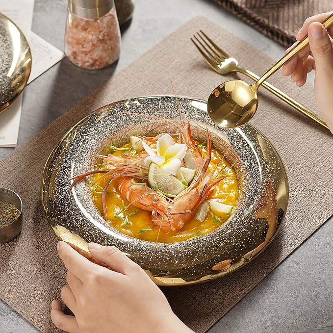 Ceramic Pasta Bowl Plates Set - Ballet Design with Gradient Gold Finish, Dinner Plates for Salad, Pasta & Sushi, Dishwasher Safe, Restaurant & Home Dinnerware