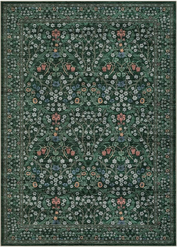GarveeHome 6x9 Washable Area Rug for Living Room, Floral Dining Room Rugs for Under Table, Low Pile Non-Slip Stain Resistance Floor Carpet for Bedroom, Dark Green