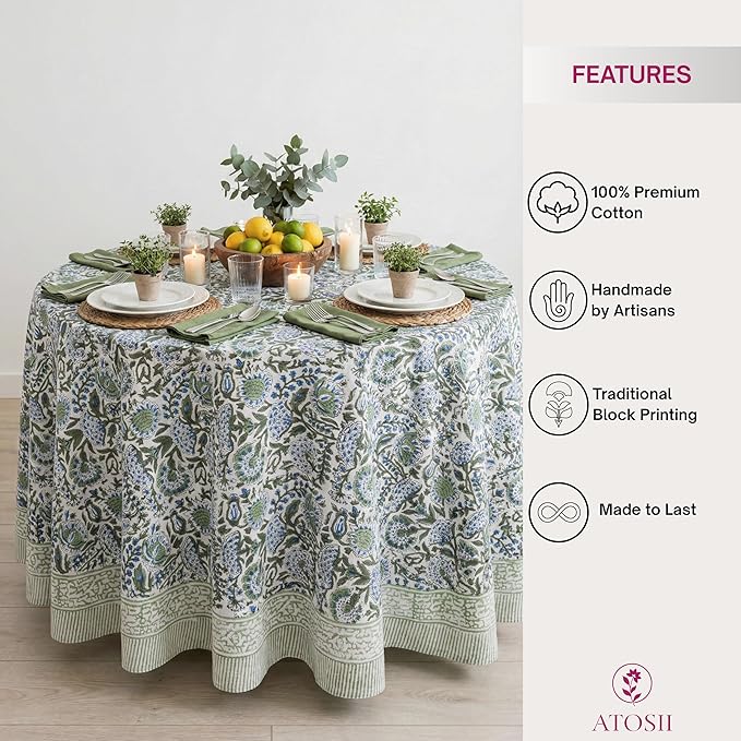 ATOSII Clover Blue 100% Cotton Round Boho Fall Tablecloth, Handblock Floral Table Cloth Linen for Kitchen Dining I Parties Outdoors Christmas Thanksgiving Fall Home Decor 72" Inches Round I 4-6 Seater