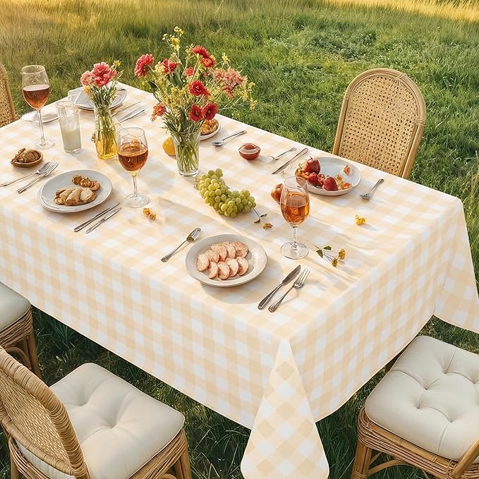 misaya Rectangle Waterproof Vinyl Table Cloth, Buffalo Flannel Backed Tablecloth, Wipeable Plastic Table Cover for Dinner, Kitchen, Outdoor (52" x 70", Beige and White)