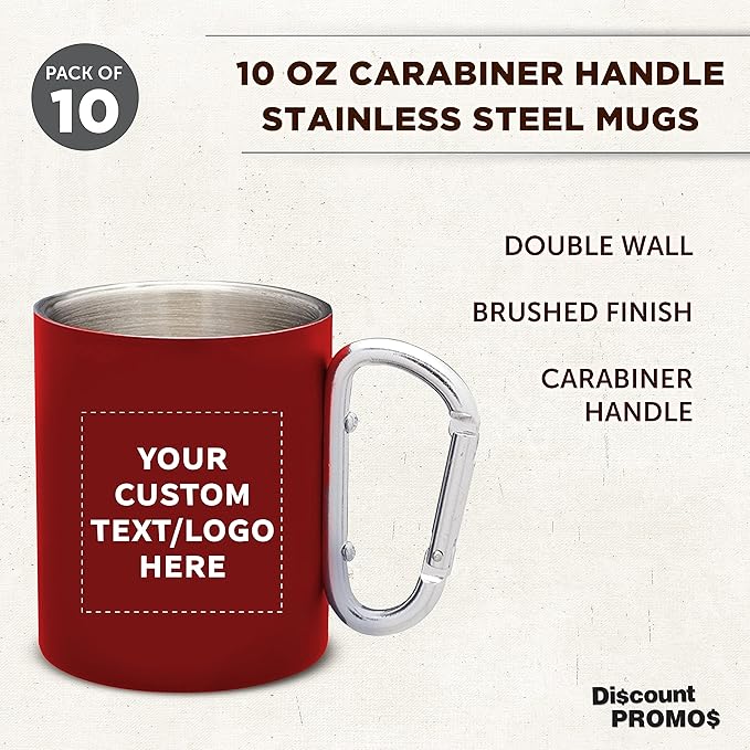 Custom Stainless Steel Mugs with Carabiner Handle 10 oz. Set of 10, Personalized Bulk Pack - Perfect for Coffee, Soda, Other Hot & Cold Beverages - Red