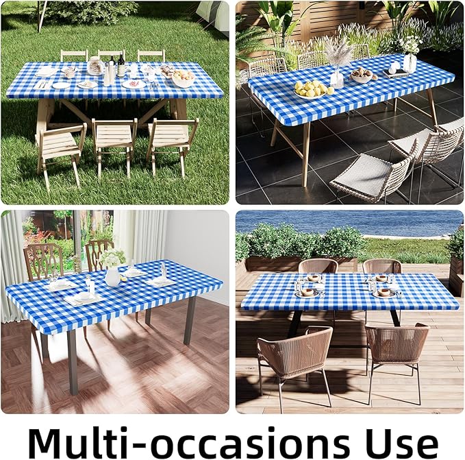 Smiry Rectangle Picnic Table Cloth, Elastic Waterproof Fitted Vinyl Tablecloths, Flannel Backed Buffalo Plaid Table Covers for Dining, Camping, Outdoor (White and Blue, 30" x 72")