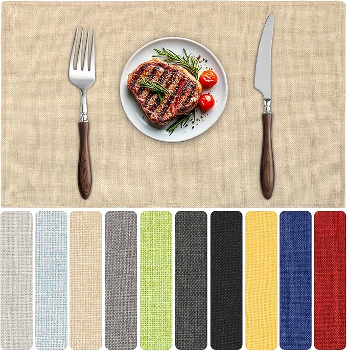 Blue Forest Placemats Set of 8, Dual-Layered Thickened Faux Linen Table Mats Heat Resistant Machine Washable Wrinkle Free Place Mats for Kitchen Dining Outdoor/Indoor (Beige)