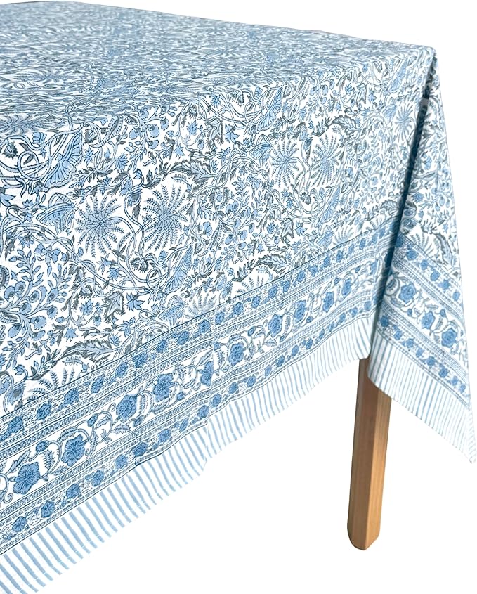 ATOSII Butterfly Blue 100% Cotton Rectangle Boho Fall Tablecloth, Handblock Floral Table Cloth Linen for Kitchen Dining I Parties Wedding Outdoors Christmas Thanksgiving I 72 X 140 Inches I 12 Seater