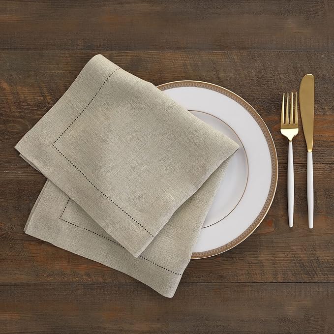 Solino Home Natural Linen Napkins Set of 6-100% Pure Linen Hemstitch Dinner Napkins 20 x 20 Inch for Spring, Easter - Classic Hemstitch