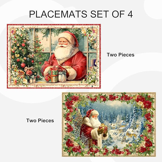 Christmas Santa Claus Placemats Set of 4 Washable Table Place Mats for Dining Kitchen Party Decor