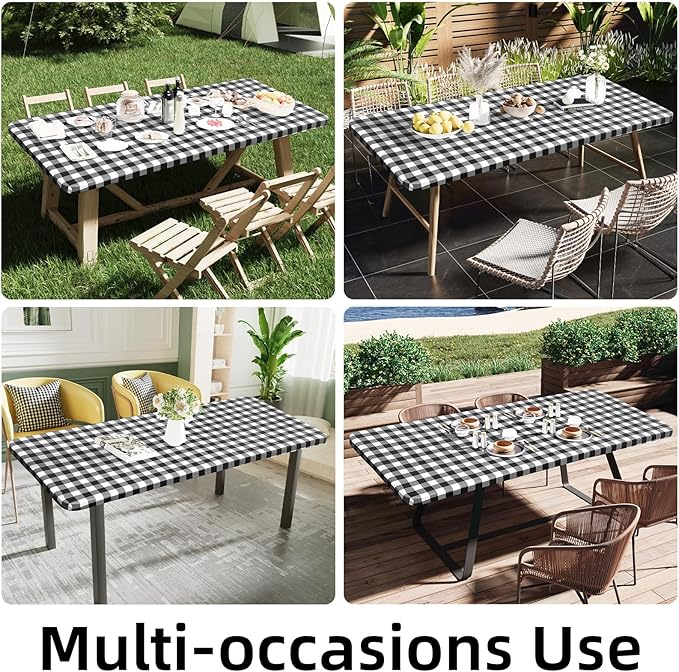 Smiry Rectangle Picnic Table Cloth, Elastic Waterproof Fitted Vinyl Tablecloths, Flannel Backed Buffalo Plaid Table Covers for Dining, Camping, Outdoor (Black and White, 30" x 96")
