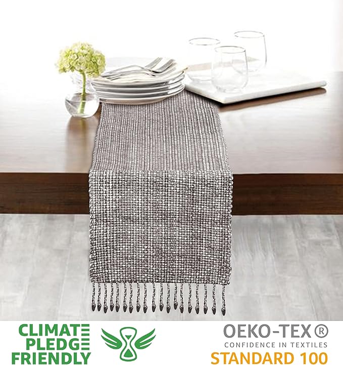 Urban Villa Two Tone Table Runner - 100% Cotton, Brown/Ivory, 14''x72'' with Fringes, Perfect for Kitchen, Dining, BBQs and Everyday Use