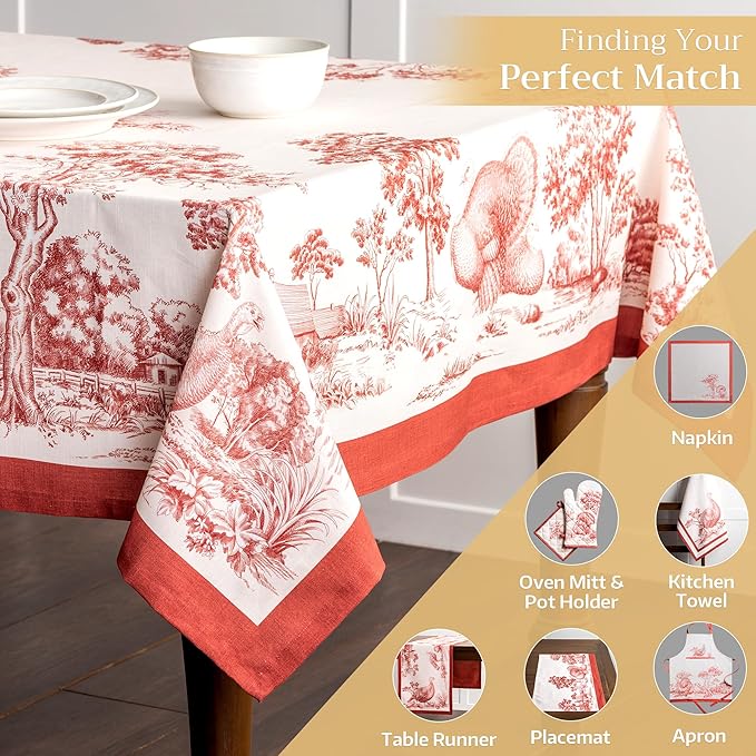 Maison d' Hermine Table Cloth Rectangle Table 100% Cotton 60 x 108 Inches Fall Tablecloth Reusable Everyday Use for Thanksgiving Christmas Decorations Dining Farmhouse Party (Holy Jouy - Red)