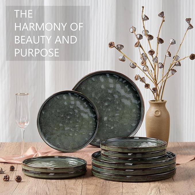 LIANYU Ceramic Dessert Plates Set of 6, 10.2 Inch Kitchen Dinner Plates Set, Porcelain Serving Dishes for Cake, Bread, Salad, Snack and Steak, Microwave, Oven and Dishwasher Safe, Ink Green