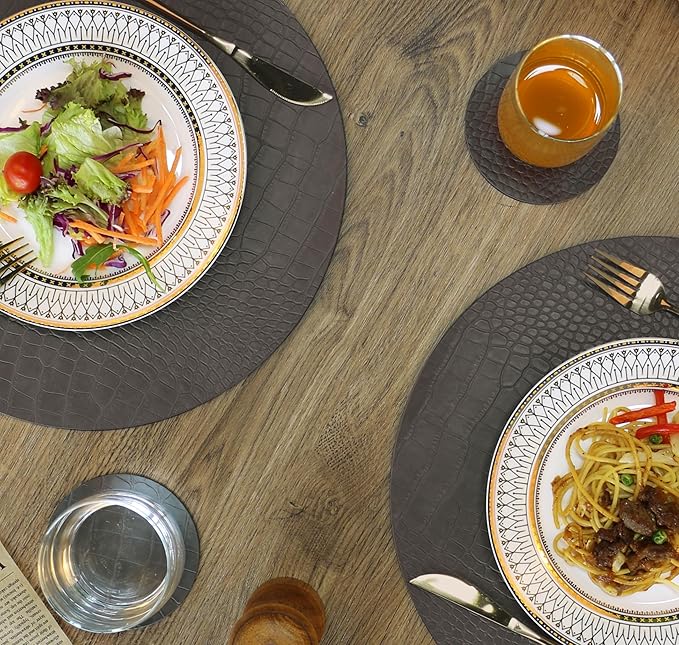 Round Leather Placemats for Round Tables Set of 6, Gray Table Place Mats and Coasters, Washable Easy to Care for Indoor Decor 13" Diameter
