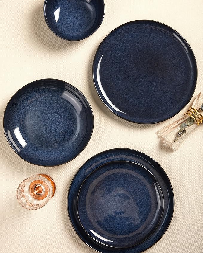 Stoneware Pasta Bowls Set of 4, 8.26" Large Serving Bowls, Chip Resistant Plate Bowls, Salad Serving Bowl for Lunch, Unique Irregular Look, Starry Blue