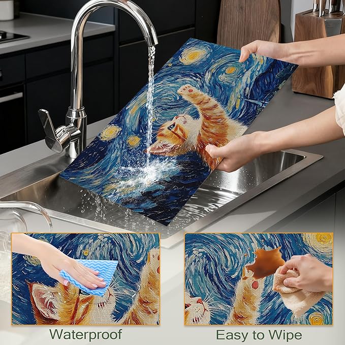 Cute Cat Cloth Placemats,Blue Starry Sky Heat-Resistant Table Placemats Set of 6, Washable Linen Place Mats for Dining Room Table Decor Home Restaurant Cafes Holiday Party 11.8x17.7 Inch